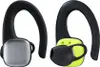 Two black wireless earbuds with black ear hooks. One earbud is silver, and the other has a yellow accent. Anteprima dell’immagine prodotto