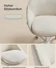 A close-up marketing image of a cream-colored office chair with a fluffy sherpa-like fabric, highlighting its comfort and material. The image is divided into sections with text and close-up views. Produktbild-Vorschau