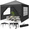 A black pop-up gazebo set up with outdoor furniture inside, and a folded gazebo and carrying bag shown below. Voir les images du produit
