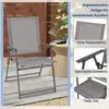 A grey folding garden chair is shown on a patio with a wooden fence and plants in the background. Insets highlight features of the chair. Produktbild-Vorschau