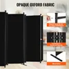 A black fabric room divider with multiple panels, shown in a room setting with close-up insets highlighting assembly and stability features. Náhľad obrázku produktu