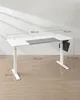 A white height-adjustable desk shown in a room with light gray walls and a wooden floor. Dimensions are indicated with text overlays. Produktbild-Vorschau
