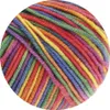 A close-up view of a ball of multi-colored yarn. Produktbild-Vorschau