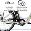 Close-up of the rear wheel and drivetrain of a white and green electric bicycle, with illustrative icons and text describing features at the top. Produktbild-Vorschau