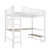 A white metal bunk bed with a desk and bench, set against a white background. Produktbild-Vorschau