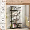 A tall, multi-shelf bookcase with a geometric design, filled with decorative items and books. The left side of the image features icons and text describing potential uses for the shelves. Produktbild-Vorschau