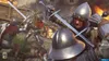 A chaotic medieval battle scene with soldiers fighting with swords amidst fire and destruction. Produktbild-Vorschau