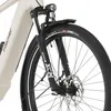 Close-up view of the front wheel and suspension of a white trekking e-bike. Produktbild-Vorschau