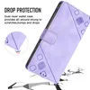 A purple wallet case for a phone is shown at an angle, with text and graphics highlighting its drop protection features. Produktbild-Vorschau