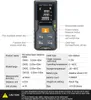 A laser distance meter with a table of specifications and button labels. Podgląd zdjęcia produktu