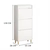 A white shoe cabinet with three drawers and wooden legs, with dimensions indicated. Produktbild-Vorschau