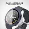 A smartwatch with a protective case is shown charging wirelessly. Produktbild-Vorschau