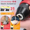 Close-up of an electric screwdriver with various feature callouts and usage examples. Produktbild-Vorschau