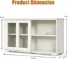 A white sideboard with sliding doors and shelves, with dimensions indicated by measurement lines and text. Podgląd zdjęcia produktu