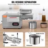 A stainless steel oil press machine is shown on a wooden table, with various accessories and a bottle of oil in the background. Two inset images show close-ups of the machine's components. Produktbild-Vorschau
