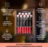 A mini fridge filled with drinks, with feature callouts around it. Produktbild-Vorschau