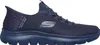 A side view of a dark blue Skechers slip-on sneaker. Produktbild-Vorschau