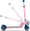 A pink scooter with blue wheels and handlebars shown from the side, with ghosted images showing different height adjustments. Produktbild-Vorschau