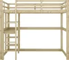 A wooden loft bed with a ladder and shelves against a white background. Produktbild-Vorschau
