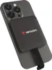 A dark gray smartphone with a black Verbatim SSD attached to the back. Produktbild-Vorschau
