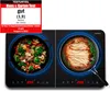 A dual induction cooktop with food cooking on both plates, accompanied by a product review badge. Produktbild-Vorschau