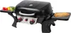 A black gas grill with two stainless steel burners, side shelves, and controls. It is shown on a white background with some vegetables and bread rolls. Produktbild-Vorschau
