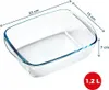 A clear glass baking dish with dimensions and capacity indicated by overlay text. Náhľad obrázku produktu