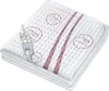 A folded white electric blanket with pink stripes and circular patterns, featuring a control unit attached by a cord. Produktbild-Vorschau