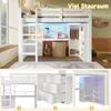 A collage of images showcasing a white loft bed with integrated desk, wardrobe, and storage. The main image shows the loft bed in a room setting with decorative elements and LED lighting. The smaller images highlight specific features like the desk area, d Anteprima dell’immagine prodotto