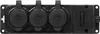 A black electrical outlet strip with three covered sockets and a branded section. Anteprima dell’immagine prodotto