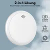 A white smoke and carbon monoxide detector is shown against a light blue background with clouds. Feature icons and text are displayed to the right. Produktbild-Vorschau
