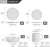 A diagram showing the dimensions and quantities of a 16-piece dinnerware set, including plates, bowls, and mugs. Produktbild-Vorschau