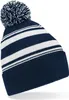 A close-up studio shot of a striped beanie with a pom-pom. Náhled obrázku produktu