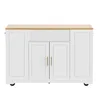 A white kitchen island with a wooden top and gold handles, shown against a white background. Produktbild-Vorschau