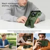 Collage of images showing a green phone case with a stand and camera cover, being used by people in different settings. Náhled obrázku produktu