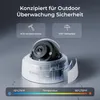A security camera with feature callouts for its durability and weather resistance. Produktbild-Vorschau