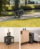 Collage of a person carrying a pet carrier outdoors, a person holding a folded pet carrier, and a pet carrier next to a cabinet and sofa. Produktbild-Vorschau