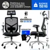 Two ergonomic office chairs are shown with various measurements and feature callouts. The image also includes icons and text related to product specifications and assembly. Produktbild-Vorschau