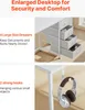 A split image showing features of a desk. The top half shows drawers, and the bottom half shows hooks with headphones. Produktbild-Vorschau