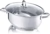 A stainless steel oval pot with a glass lid and handles, shown on a white reflective surface. Produktbild-Vorschau