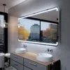A modern bathroom with a large LED-lit mirror above a double vanity with two sinks. Produktbild-Vorschau