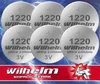 A group of six CR1220 lithium coin cell batteries are arranged in two rows against a blue, lightning-themed background. The bottom of the image features a red banner with the brand name 'Wilhelm' and the slogan 'EINFACH STARK' along with a graphic of a fle Produktbild-Vorschau