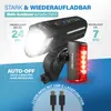 A set of bicycle lights (front and rear) with promotional text and feature callouts. Náhľad obrázku produktu
