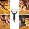 Collage of images showing a black peeler being used to peel vegetables, shave cheese, shave chocolate, and peel a potato. A diagram of the peeler with dimensions is in the center. Produktbild-Vorschau
