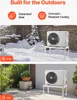 The image shows an air conditioner stand in two different weather conditions: snow and heat. It highlights the product's durability and suitability for outdoor use. Podgląd zdjęcia produktu