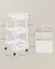 A white three-tier rolling cart with dimensions and accessory measurements shown. Náhľad obrázku produktu