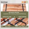 A marketing image showing a wooden balcony shelf attached to a railing, with text describing its features and installation. Produktbild-Vorschau