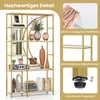 A collage of images showing a gold and white bookshelf with decorative items, and close-ups of its features. Náhľad obrázku produktu