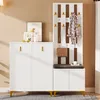 A white entryway furniture set with a shoe cabinet and a coat rack with a bench. Anteprima dell’immagine prodotto
