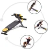A collage showing a multi-functional fitness bench and three different exercises being performed on it. Produktbild-Vorschau